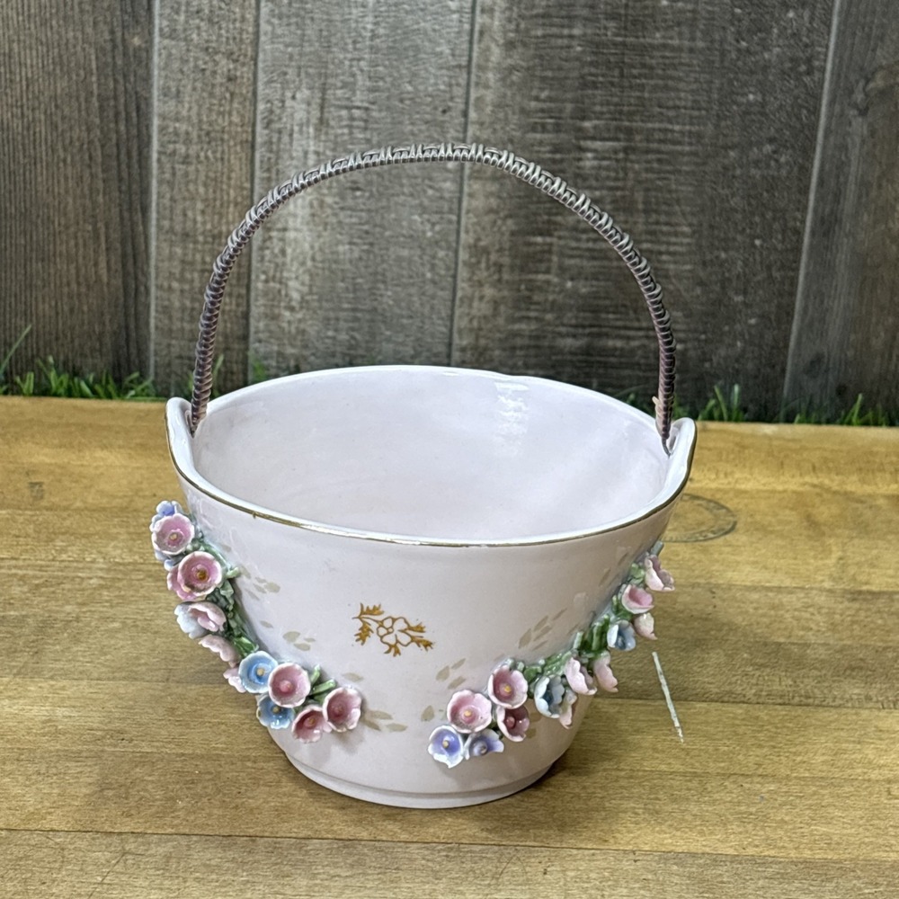 Vintage Lefton China Pink Ceramic Basket Planter Applied Flowers Gold Trim